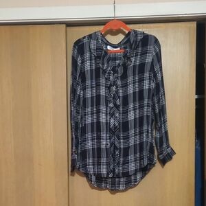 Plaid Ruffle Blouse - Black and White L